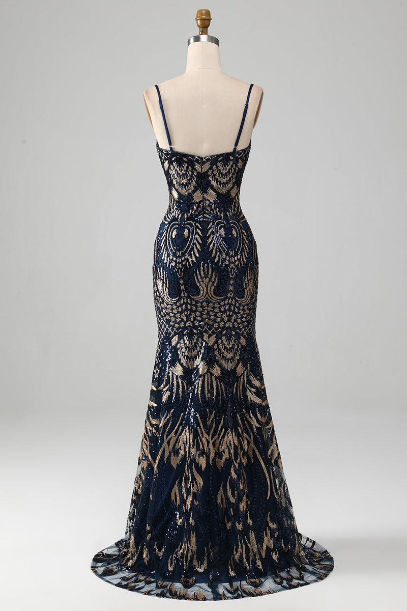 Load image into Gallery viewer, Sparkly Navy Spaghetti Straps Mermaid Prom Dress