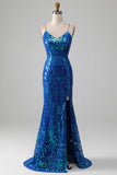 Royal Blue Mermaid Sparkly Prom Dress with Slit