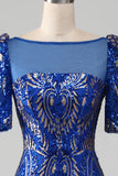 Mermaid Royal Blue Sparkly Prom Dress with Short Sleeves