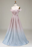 Off the Shoulder Grey Pink Sparkly Prom Dress with Pleated