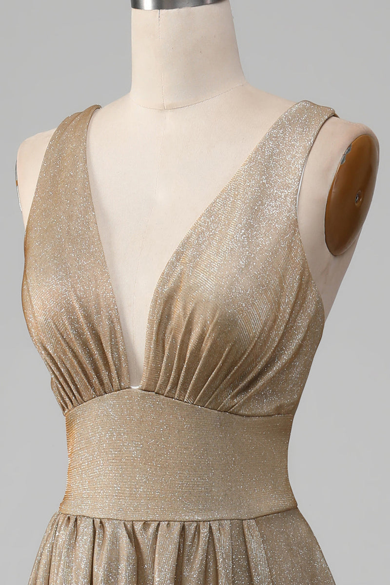 Load image into Gallery viewer, Glitter V-Neck Golden Prom Dress with Slit