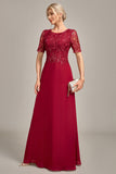 Burgundy A Line Round Neck Sequin Mother of Bride Dress With Appliques