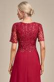 Burgundy A Line Round Neck Sequin Mother of Bride Dress With Appliques