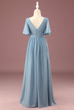 A-line Chiffon V-neck Floor Length Short Sleeves Junior Bridesmaid Dress