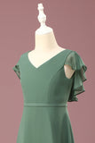 A-line Eucalyptus Chiffon Long Cap Sleeve Junior Bridesmaid Dress