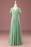 Long Matcha A-line Chiffon V-neck Short Sleeves Junior Bridesmaid Dress