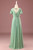 Long Matcha A-line Chiffon V-neck Short Sleeves Junior Bridesmaid Dress