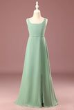 Matcha Square Neck Sleeveless A-line Chiffon Maxi Junior Bridesmaid Dress