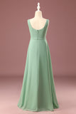 Matcha Square Neck Sleeveless A-line Chiffon Maxi Junior Bridesmaid Dress