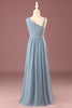 Load image into Gallery viewer, Dusty Blue One Shoulder A-line Chiffon Pleated Floor Length Junior Bridesmaid Dress