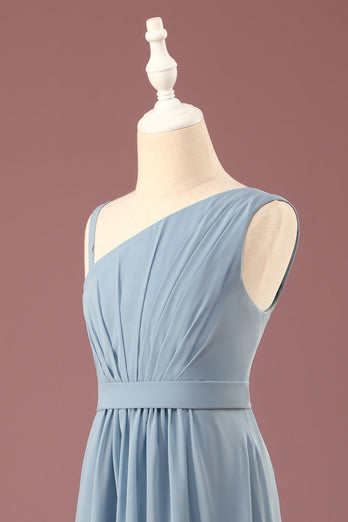 Dusty Blue One Shoulder A-line Chiffon Pleated Floor Length Junior Bridesmaid Dress