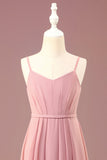 Dusty Rose A-line Chiffon Spaghetti Straps Long Pleated Junior Bridesmaid Dress