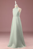 Matcha Satin A-line Halter Sleeveless Long Junior Bridesmaid Dress