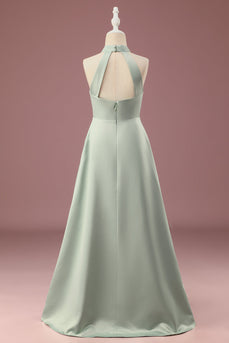 Matcha Satin A-line Halter Sleeveless Long Junior Bridesmaid Dress