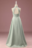 Matcha Satin A-line Halter Sleeveless Long Junior Bridesmaid Dress