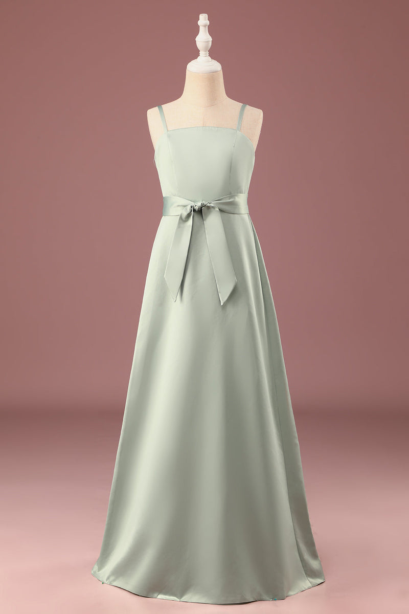 Load image into Gallery viewer, Matcha A-line Satin Spaghetti Straps Long Junior Bridesmaid Dress