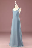 Dusty Blue Chiffon A-line V-neck Junior Bridesmaid Dress