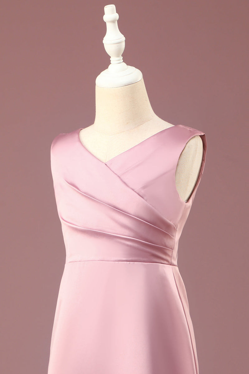 Load image into Gallery viewer, Dusty Rose Satin A-line Pleated V-neck Long Junior Bridesmaid Dress