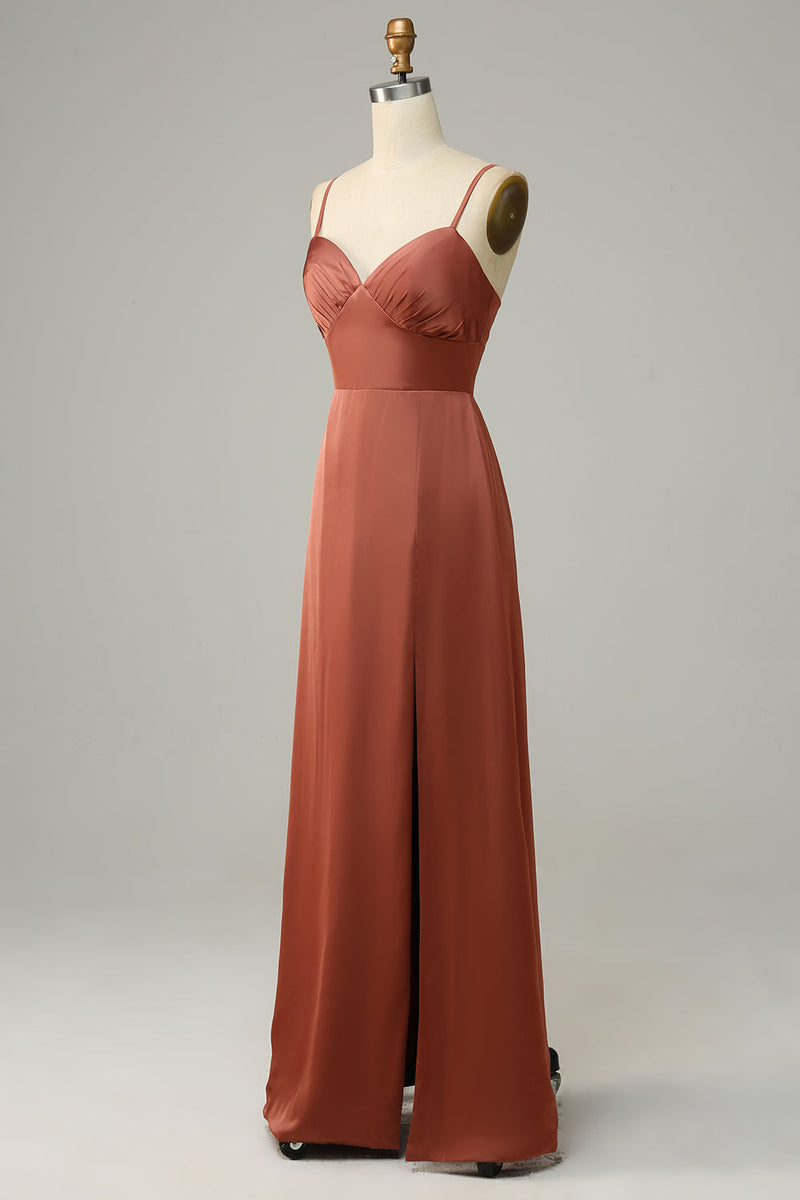 Load image into Gallery viewer, Brick Red Sheath Spaghetti Straps Satin Bridesmaid Dress With Slit