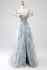 Load image into Gallery viewer, A-Line Blue Printed Cold Shoulder Long Corset Prom Dress with Slit