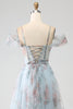 Load image into Gallery viewer, A-Line Blue Printed Cold Shoulder Long Corset Prom Dress with Slit