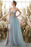 Light Blue Spaghetti Straps Prom Dress With Beadings