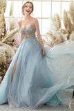 Light Blue Spaghetti Straps Prom Dress With Beadings