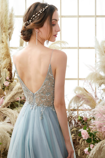 Light Blue Spaghetti Straps Prom Dress With Beadings