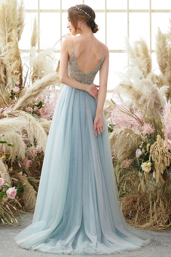 Light Blue Spaghetti Straps Prom Dress With Beadings