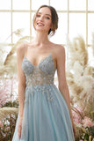 Light Blue Spaghetti Straps Prom Dress With Beadings