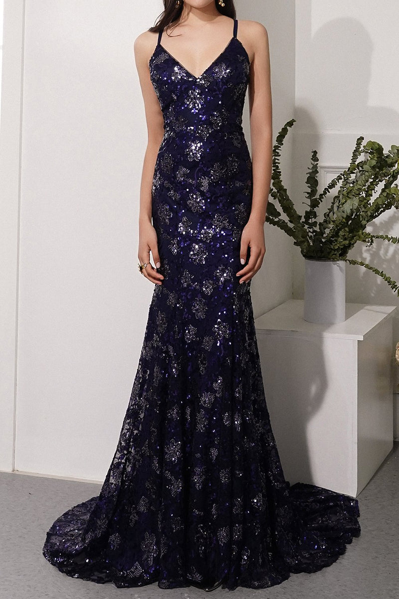 Load image into Gallery viewer, Navy Evening Dress with Beading Sequins