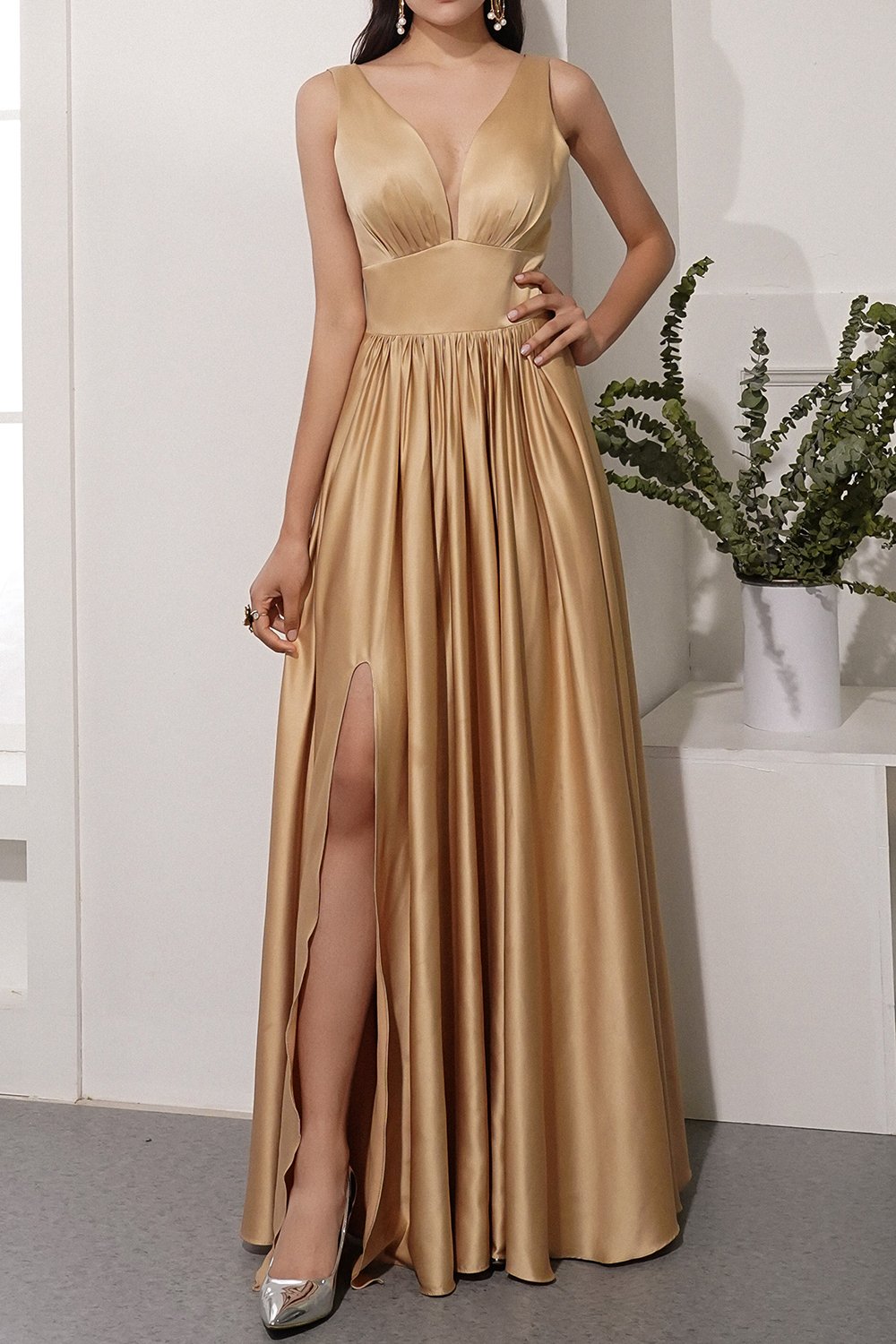 Golden Satin Long Dress