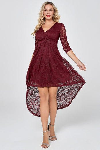 Burgundy High Low Lace Party Dress with Sleeves
