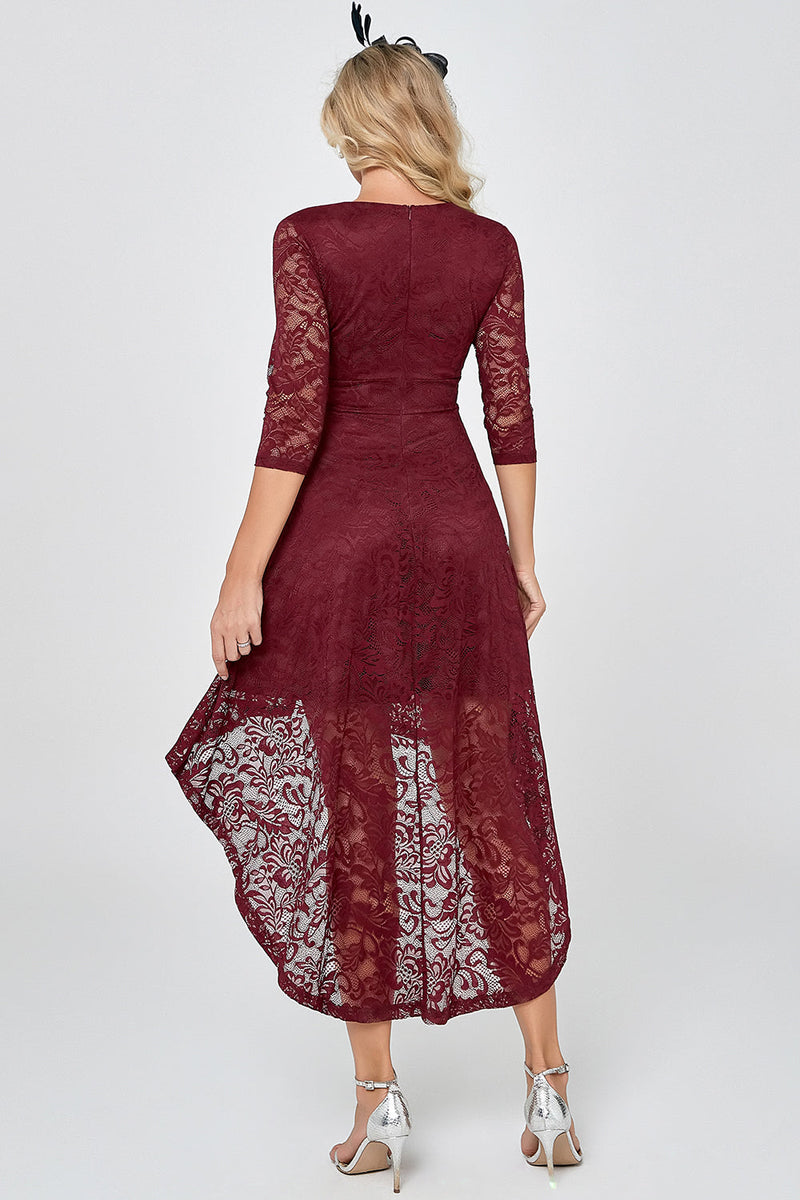 Load image into Gallery viewer, Burgundy High Low Lace Party Dress with Sleeves