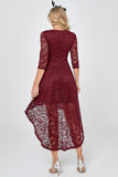 Burgundy High Low Lace Party Dress with Sleeves