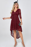 Burgundy High Low Lace Party Dress with Sleeves