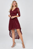 Burgundy High Low Lace Party Dress with Sleeves