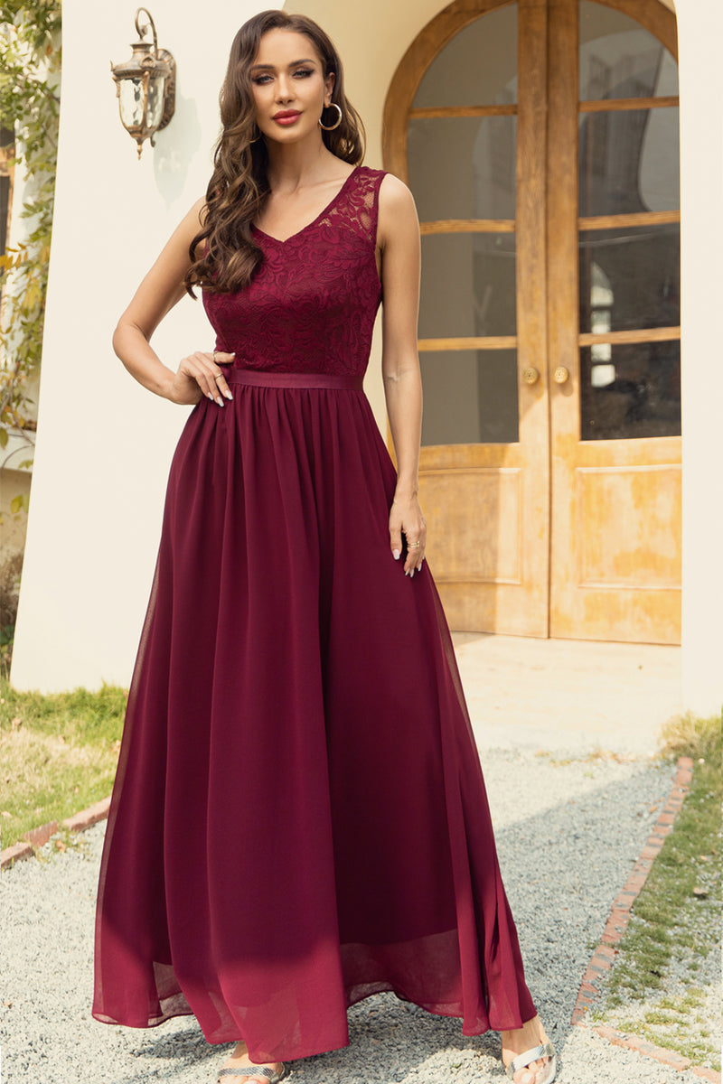 Load image into Gallery viewer, Burgundy A-Line V-Neck Long Lace Bridesmaid Dress