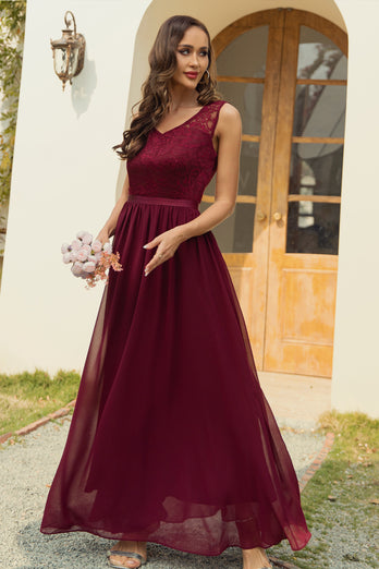 Burgundy A-Line V-Neck Long Lace Bridesmaid Dress