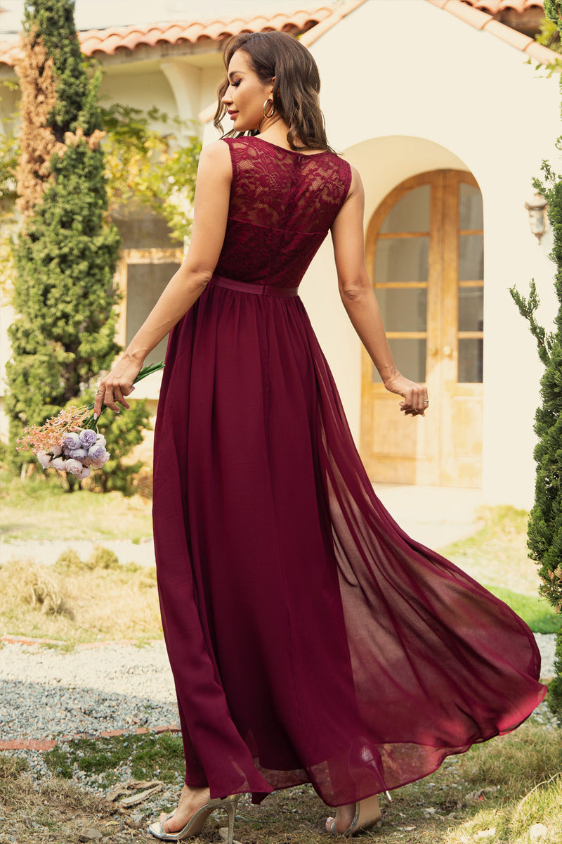 Load image into Gallery viewer, Burgundy A-Line V-Neck Long Lace Bridesmaid Dress