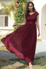 Load image into Gallery viewer, A Line V Neck Burgundy Long Bridesmaid Dress
