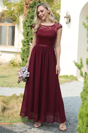 Burgundy Cap Sleeves Chiffon Bridesmaid Dress