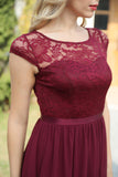 Burgundy Cap Sleeves Chiffon Bridesmaid Dress