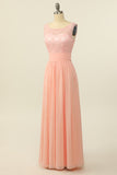 Blush Long Chiffon Lace Bridesmaid Dress