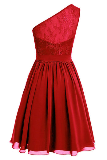 One Shoulder Red Graduation Dress with Lace