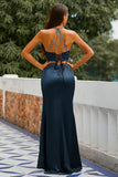 Two Piece Open Back Navy Prom Dress