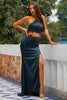 Load image into Gallery viewer, Two Piece Open Back Navy Prom Dress