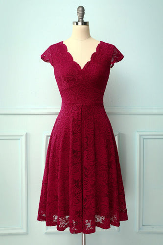 Dark Red V Neck Midi Lace Dress