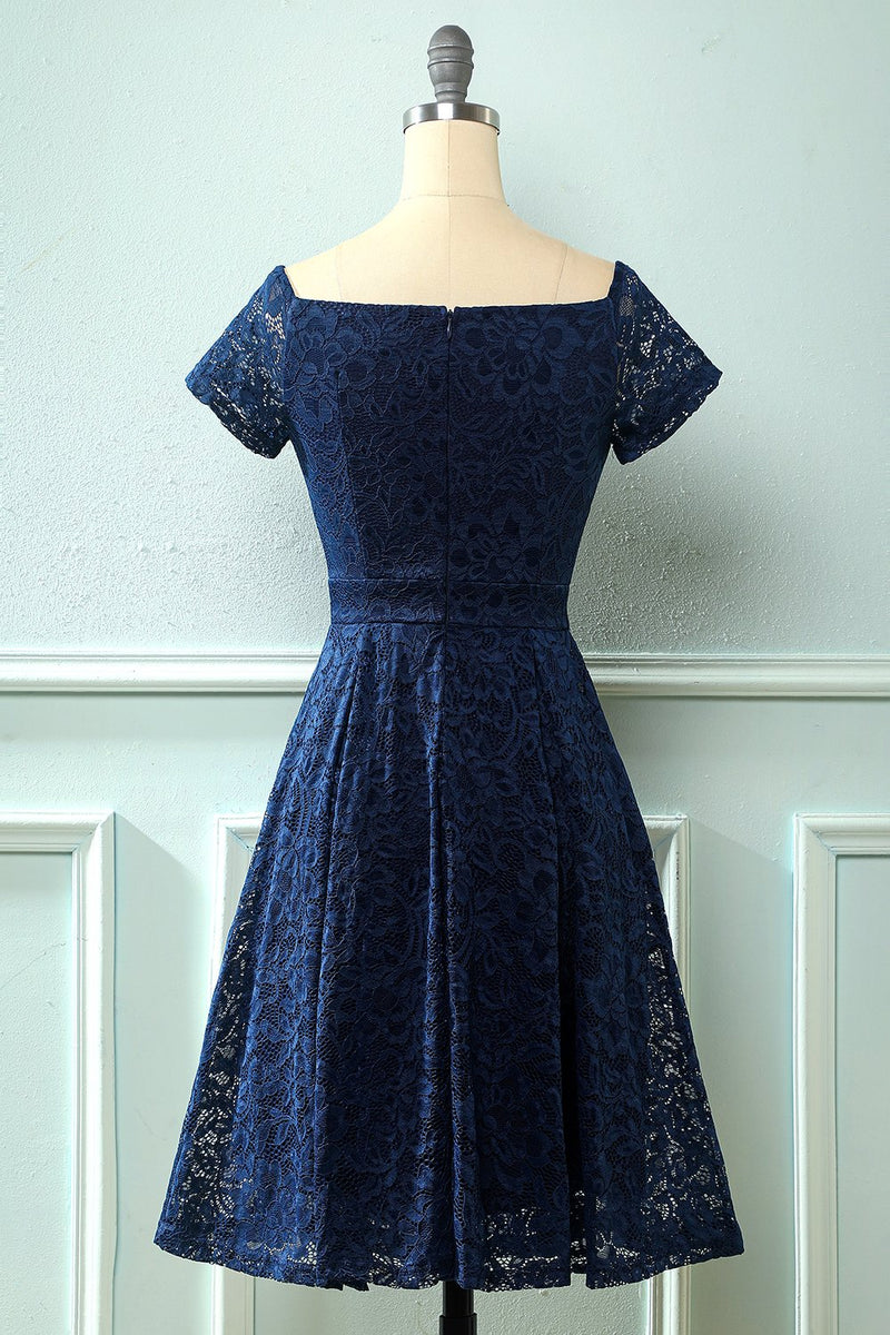 Load image into Gallery viewer, Navy Off the Shoulder Lace Dress