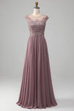 Dusk A-line Beaded Chiffon Round Neck Maxi Mother of the Bride Dress